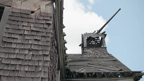 Collapsing Bell Tower on an Abandoned Old West Wooden Schoolhouse Ruin Stock Footage 318687086