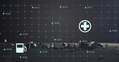 Collapsing metallic 3D dollar sign shattering into debris on data grid, with Stock Footage 331161367