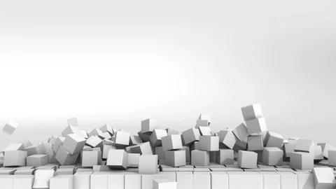 Collapsing wall of white cubes over white background. 3D Illustration.  HD. Stock Footage 86076369