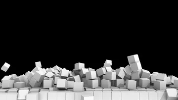 Collapsing wall of white cubes over white background  with alpha channel. 3D Stock Footage 86076410