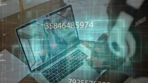 Colleague joining call, driving cybersecurity demo with scrolling codes and Stock Footage 312082978