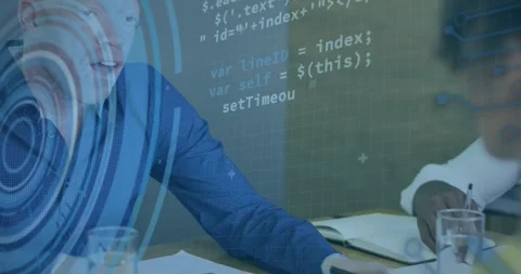 Colleague pointing at docs sparking tech talk, man in blue shirt leading, HUD Stock Footage 330003108
