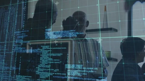 Colleague pointing at holographic code on glass wall triggers man leaning with Stock Footage 319682648