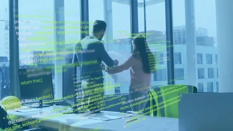 Colleagues adjusting plan at window, green code overlay reacting while reviewing Stock Footage 333105331