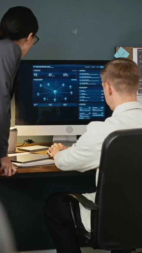 Colleagues Analyzing Cybersecurity Operations on Computer Screen Stock Footage 346817114