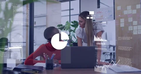 Colleagues analyzing laptop, cloud driving tech metrics discussion, charts Stock Footage 317858551