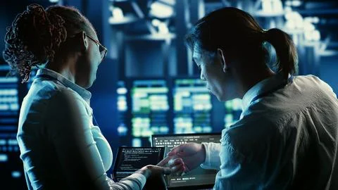 Colleagues coding in data center 写真素材