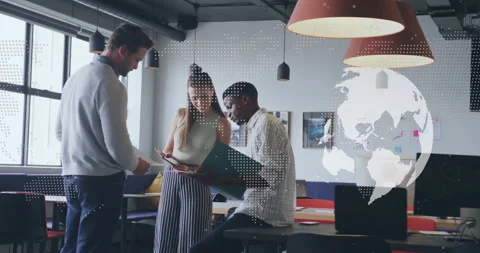 Colleagues collaborating with folder, tablet in business meeting as globe Stock Footage 312638536