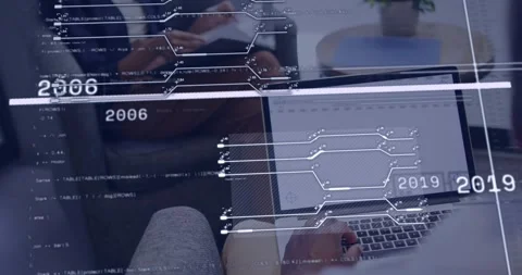 Colleagues collaborating in lounge with tech interface fading in and sweeping Stock Footage 318143016