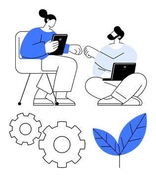 Colleagues Collaborating with Tablets and Laptops in a Modern Office Enviro.. Stock Illustration