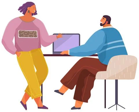 Colleagues communicating while working with laptop. People discussing work with Stock Illustration