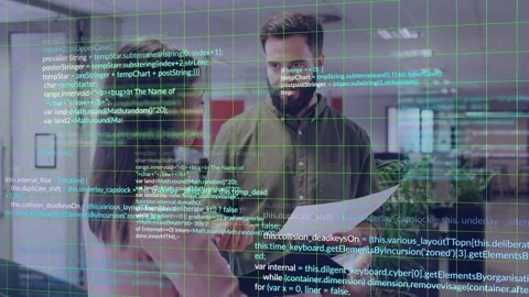 Colleagues comparing documents in business, sharing pages and causing green grid Stock Footage 333221051