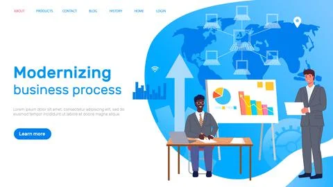 Colleagues conducts data analysis, works on global network. Modernizing business Stock Illustration