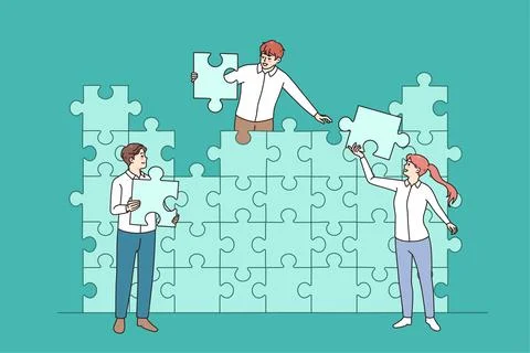 Colleagues connect jigsaw puzzles finding solution 스톡 일러스트