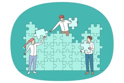 Colleagues connect jigsaw puzzles finding solution Stock Illustration