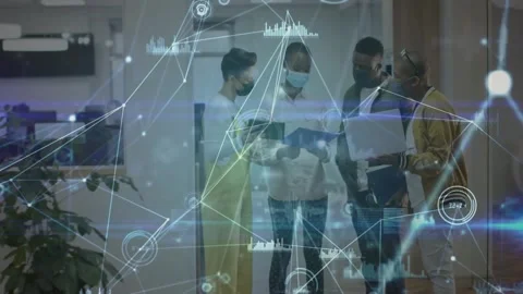 Colleagues in corridor holding tablet opening blue folder, animated data linking Stock Footage 332731573