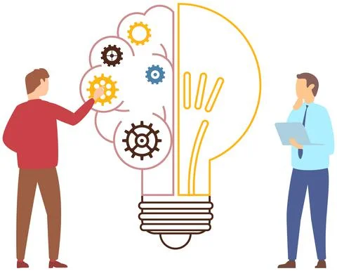 Colleagues create new idea, creative plan. Businessmen discussing strategy Stockillustratie