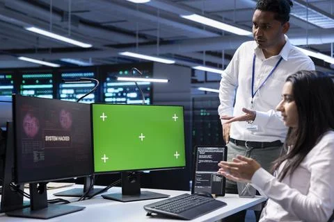 Colleagues in data center trying to fix security breach alert on mockup PC Stock Photos