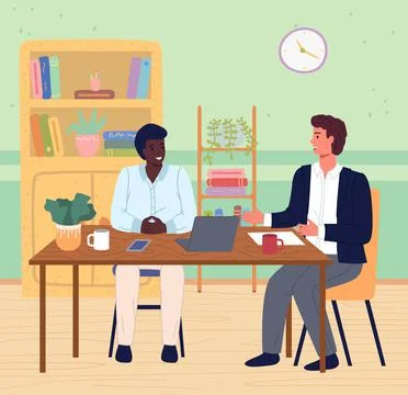 Colleagues discussing development, brainstorming. Work meeting, team job of Stock Illustration