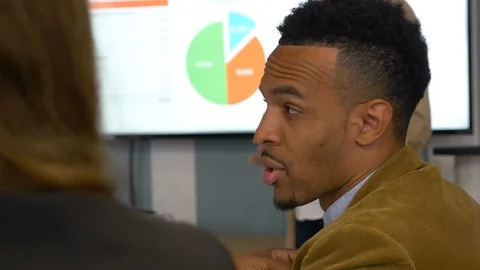 Colleagues discussing during a presentation in office Stock Footage 93534640