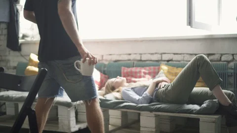 Colleagues drink coffee office Stock Footage 91578421