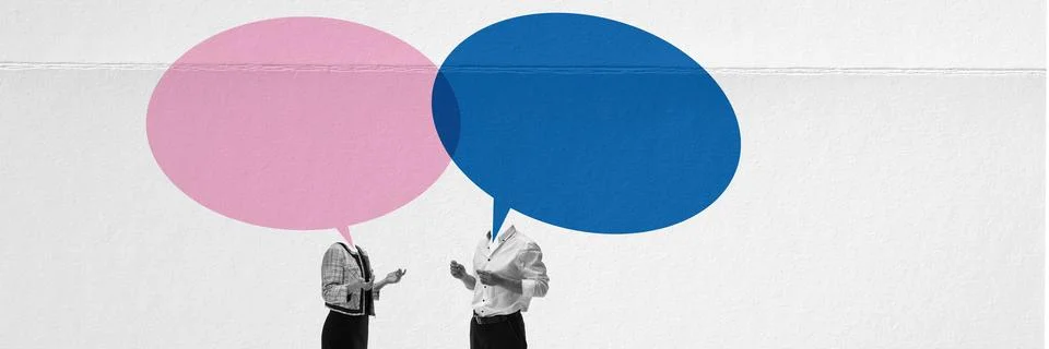 Colleagues, employees with gian speech bubbles with empty space for text イラスト素材