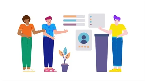 Colleagues engage in conversation about feedback accompanied by visual elements Stock Footage 284906712