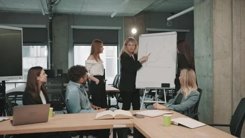 Colleagues engage in discussion about progress and goals during team meeting Video stock 326325681