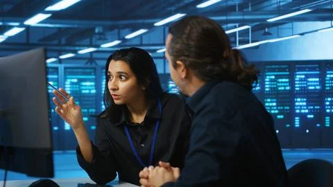 Colleagues examining infrastructure in data center 库存照片