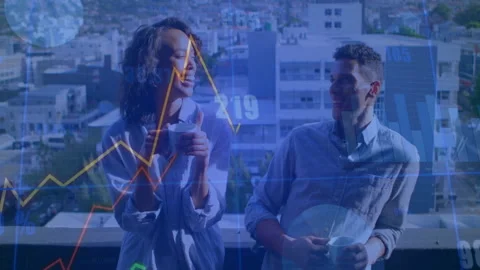 Colleagues exchanging comments on balcony and spawning finance charts rising Stockbeeldmateriaal 313169956