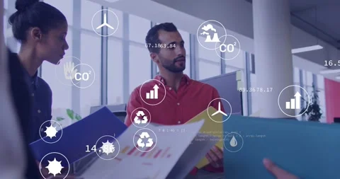 Colleagues exchanging folders having CO? bar chart recycle icons appearing Stock Footage 327357037