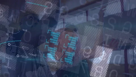 Colleagues exploring holographic world map in tech lab, showing binary code, Stock Footage 307945548