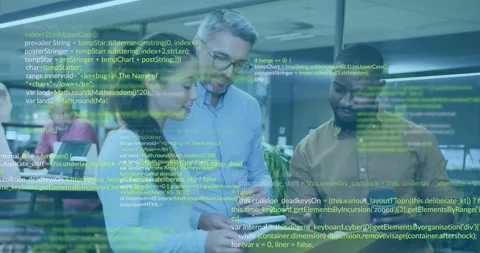 Colleagues flipping pages in yellow folder and activating code overlay during Stock Footage 326423039