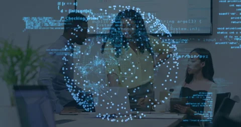 Colleagues gathering around table activating code sphere while analyzing Stock Footage 312019120