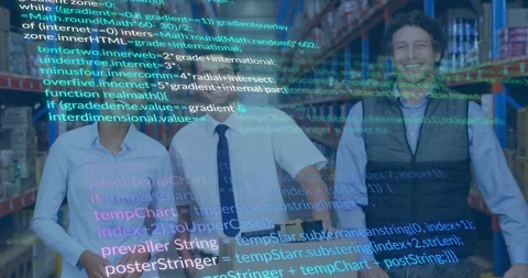 Colleagues holding box in warehouse touching box initiating code overlay Stock Footage 309895338