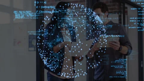 Colleagues holding pages, tapping tablet as holo globe appearing, code Stock Footage 333131988
