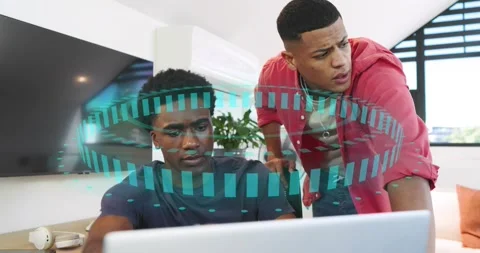 Colleagues initiating data update by typing and pointing at holographic data Stock Footage 318142554