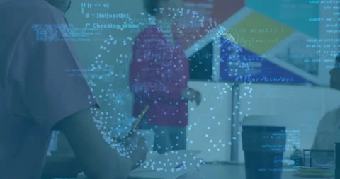 Colleagues jotting notes amid rotating code sphere as presenter picking tablet Stock Footage 311216595