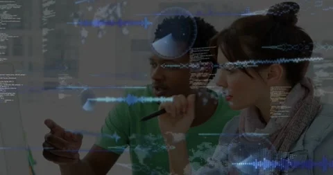 Colleagues leaning at screen, left one pointing and activating data overlays Stock Footage 331214558