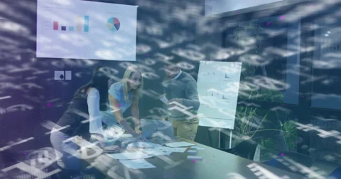 Colleagues leaning on table analyzing online sales forecasts while binary flow Stock Footage 315548388