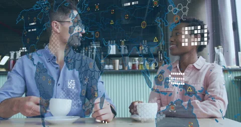 Colleagues lifting cups and starting tech chat for data review at cafe, with Stock Footage 315609684