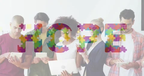 Colleagues in line tapping devices creating animated puzzle pieces forming HOPE Stock Footage 332285304