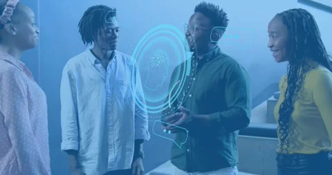 Colleagues in lobby, man projecting AR brain tech demo handing phone to woman Stock Footage 317258736