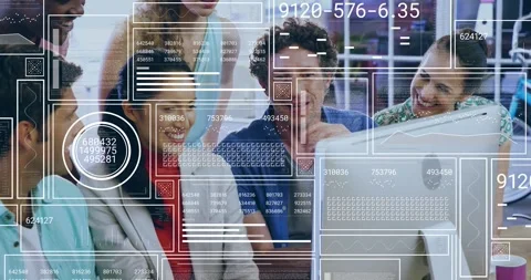 Colleagues moving in and someone reaching keyboard, activating HUD data on iMac Stock Footage 330159854