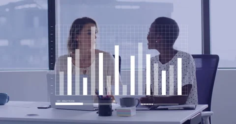 Colleagues noticing translucent bar chart overlay fading in and comparing Stock Footage 309872696