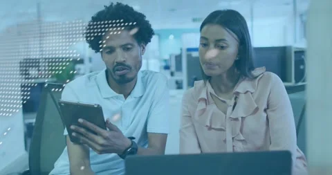Colleagues picking tablet, swiping code, leaning over laptop studying overlay Stock Footage 320067617