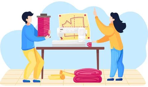 Colleagues planning the pattern. Designers working with sewing machine. Guy Illustrazione stock
