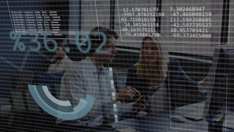 Colleagues pointing laptop activating 3D form morphing to pie line charts Stock Footage 334788576