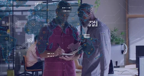 Colleagues pointing at notebook writing insights as tech world map overlay Stock Footage 319683897