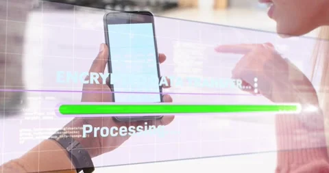 Colleagues pointing at smartphone screen initiating encrypted data transfer Stock Footage 319491979